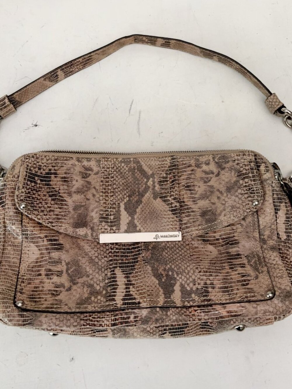 B. Makowski Tan Snake Print Leather Shoulder Bag Chain Strap Leopard Lining